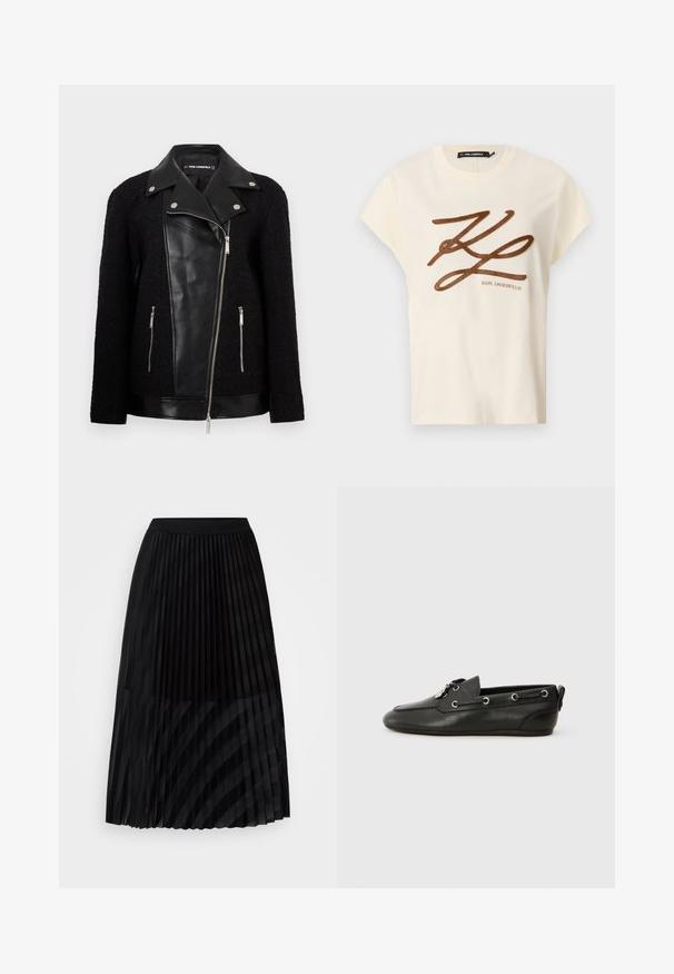 Čierna bunda s koženým predným panelom a golierom, rukávy z textúrovanej tkaniny, zipsové vrecká a kovové akcenty.; Krémové bavlnené tričko s krátkymi rukávmi, na prednej strane s hnedou vyšitou šedou nášivkou a nápisom.; Čierna plisovaná sukňa vyrobená z ľahkej látky, s elastickým pásom, má vertikálne pruhy vytvorené striedaním textúr.; Čierne kožené lodné topánky s okrúhlou špičkou, šnurovaním vpredu, kovovými očkami a plochou podrážkou. Obsahuje malý pútko na zadnej strane.