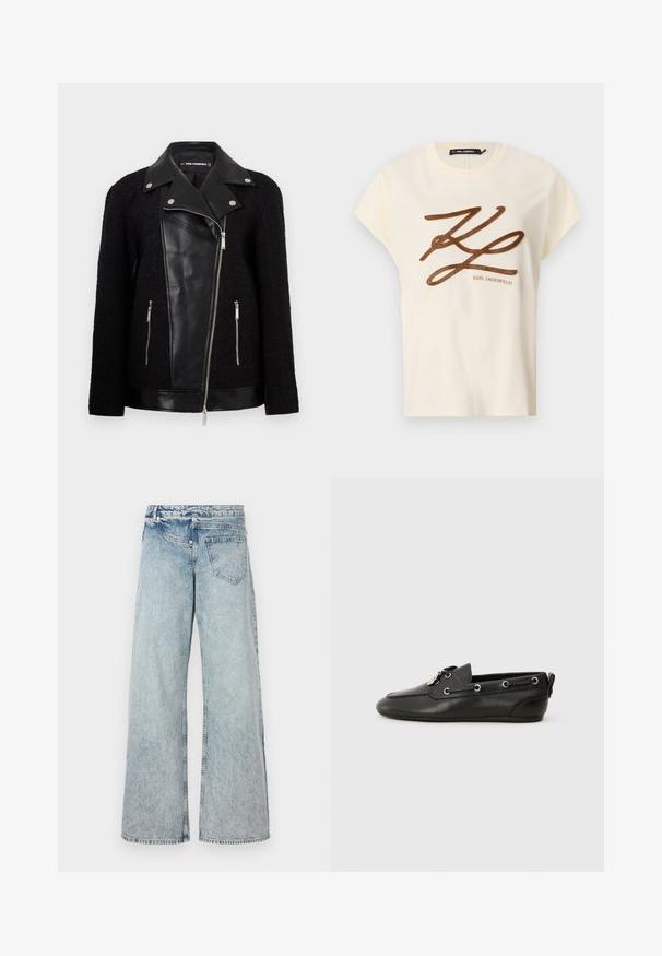Svart jacka med en läderfrontpanel och krage, ärmar i texturerad vävd tyg, fickor med dragkedja och metalliska detaljer.; Krämfärgad bomulls-t-shirt med korta ärmar, med en brun broderad logotyp och skriptdesign på framsidan.; Ljusblå vida jeans i denim, med hög midja, fem fickor och blekningar för ett vintageutseende. Sömsydda sömmar och ren finish.; Svarta läderskeppsskor med rund tå, snörning framtill, metallöglor och platt sula. Har en liten tabbak på baksidan.