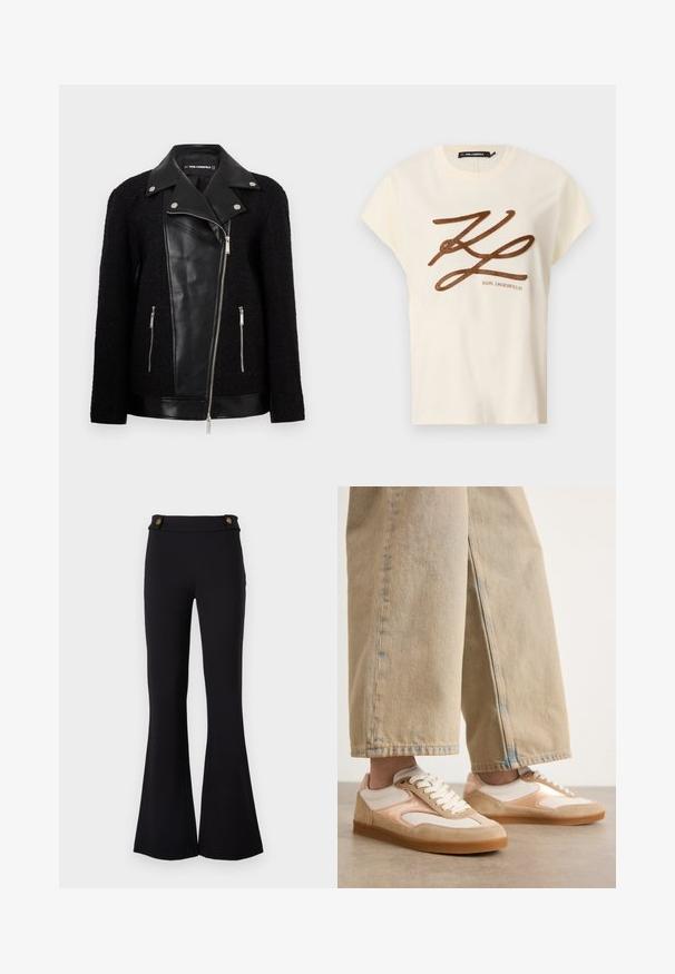 Schwarze Jacke mit einem Leder-Frontpanel und Kragen, Ärmeln aus strukturiertem gewebtem Stoff, Reißverschlusstaschen und metallischen Akzenten.; Cremfarbener Baumwoll-T-Shirt mit kurzen Ärmeln, mit einem braunen gestickten Logo und Schriftzug auf der Vorderseite.; Schwarze, ausgestellte Hosen aus dehnbarem Material. Mit zwei goldfarbenen Knöpfen an der Taille. Glatte Textur und eng an den Hüften.; Tannene und cremefarbene Sneakers mit einem Design aus Wildleder und Mesh, ausgestattet mit einer Schnürung und Gummisohlen, kombiniert mit weiten Jeans in Tan.