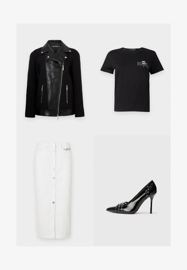 Black jacket with a leather front panel and collar, textured woven fabric sleeves, zippered pockets, and metallic accents.; Black short-sleeve t-shirt made of cotton. Features a white graphic with the text "KARL" and a stylized figure on the chest. Round neckline.; White denim skirt with front button closure, side pockets, and logo detail. Long length with a straight cut and smooth texture.; Black patent leather stiletto heel shoe with pointed toe, three decorative straps with studs, and "Karl Lagerfeld" branding on heel.