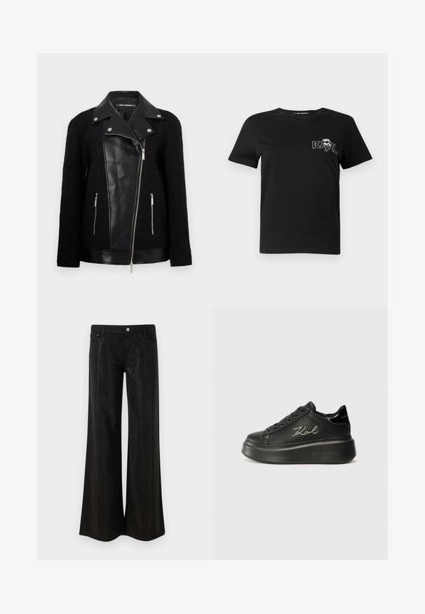 Musta takki, jossa on nahkainen etupaneeli ja kaulus, tekstuurilla kudotut hihat, vetoketjulliset taskut ja metalliset yksityiskohdat.; Lyhythihainen musta t-paita, joka on valmistettu puuvillasta. Paidassa on valkoinen graafinen kuvasto, jossa on teksti "KARL" ja tyylitelty hahmo rintamuksessa. Pyöreä pääntie.; Mustat leveälahkeiset farkut, joissa on sileä kangasrakente, reikämuotoilu, nappikiinnitys ja etutaskut.; Musta alusta tennarit, joissa on sileä nahka-ystävä, tasaiset nauhat ja kirjailtu "Karl"-logo sivulla. Pyöreä kärki ja paksu pohja.