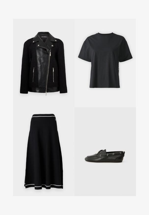 Čierna bunda s koženým predným panelom a golierom, rukávy z textúrovanej tkaniny, zipsové vrecká a kovové akcenty.; Čierne tričko s krátkym rukávom z bavlny, vo voľnom strihu, s kontrastným postranným panelom, na ktorý sú umiestnené malé nápisy a designové detaily.; Čierna pletená sukňa s rozšíreným strihom, ktorá má biely rebrovaný pás a biele akcentové pruhy na leme. Hladká textúra.; Čierne kožené lodné topánky s okrúhlou špičkou, šnurovaním vpredu, kovovými očkami a plochou podrážkou. Obsahuje malý pútko na zadnej strane.