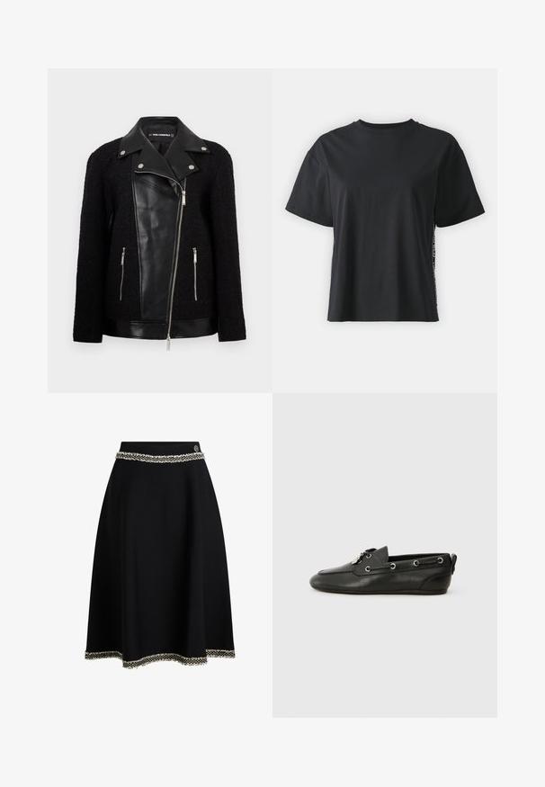 Crna jakna s prednjim panelom i ovratnikom od kože, rukavima od teksturiranog tkanja, džepovima na munje i metalnim detaljima.; Crna pamučna majica kratkih rukava s opuštenim krojem i kontrastnim bočnim panelom koji sadrži sitan tekst i detalje dizajna.; Crna suknja s lepršavim dizajnom, koja ima strukturu na pojasu i ukrasni bijeli resasti rub duž donjeg dijela.; Crne kožne brodske cipele s zaobljenim vrhom, vezanjem sprijeda, metalnim očicama i ravnim potplatima. Imaju mali ekscentar straga.