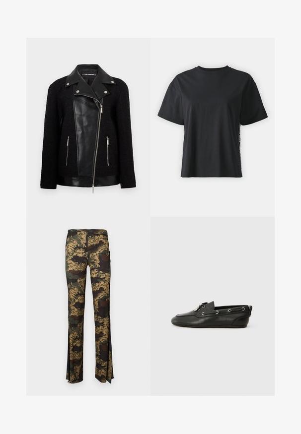 Čierna bunda s koženým predným panelom a golierom, rukávy z textúrovanej tkaniny, zipsové vrecká a kovové akcenty.; Čierne tričko s krátkym rukávom z bavlny, vo voľnom strihu, s kontrastným postranným panelom, na ktorý sú umiestnené malé nápisy a designové detaily.; Kamuflážne nohavice v odtieňoch zelenej a hnedej, vyrobené z elastického materiálu, s bočnými rozparkami na leme pre pridané detaily a pohyb.; Čierne kožené lodné topánky s okrúhlou špičkou, šnurovaním vpredu, kovovými očkami a plochou podrážkou. Obsahuje malý pútko na zadnej strane.
