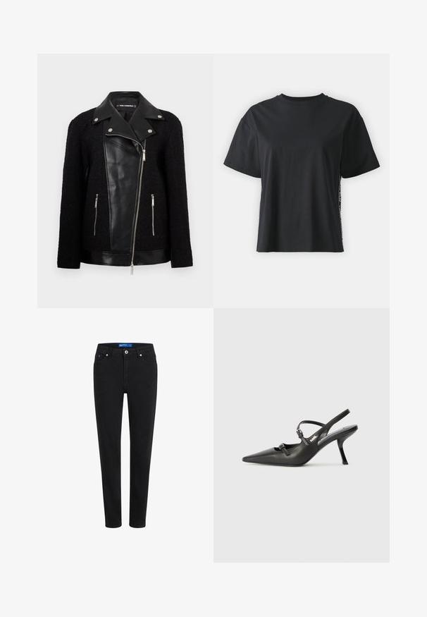 Melnā jaka ar ādas priekšējo paneļu un apkakli, teksturēta auduma piedurknēm, kabatām ar rāvējslēdzējiem un metāliskiem akcentiem.; Melna īsām piedurknēm kokvilnas t-kreklu ar brīvu piegriezumu un kontrastējošu sānu paneli, kas satur nelielu tekstu un dizaina detaļas.; Melnas džinsa bikses ar šauru piegriezumu, piecu kabatu dizainu, rāvējslēdzēju un metāla pogu aizdari. Iezīmējas ar diskretu šuvju apdari un vidēju vidukļa augstumu.; Melnas ādas slingback papēži ar norādītu purngalu, izsmalcinātu papēdi un dekoratīvu sprādzi uz priekšpuses. Gluda tekstūra un elegants dizains.