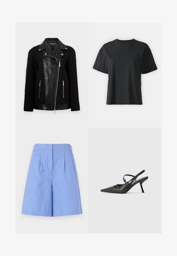 Črna jakna z usnjenim sprednjim panelom in ovratnikom, rokavi iz teksturirane tkane tkanine, žepki na zadrgo in kovinskimi detajli.; Črna bombažna majica s kratkimi rokavi, sproščenega kroja z kontrastnim stranskim panelom, ki vsebuje majhne besedilne in oblikovne podrobnosti.; Svetlo modri laneni kratki hlače z visokim pasom, z gubami, stranskimi žepi in gladko teksturo, zasnovane za sproščen fit.; Črne usnjene sandale na peto s koničastim nosom, vitko peto in okrasno zaponko na sprednjem delu. Gladka tekstura in eleganten dizajn.