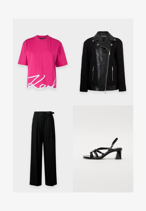 Jachetă neagră cu un panou frontal din piele și guler, manșon dintr-un material țesut texturat, buzunare cu fermoar și accente metalice.; KARL LAGERFELD OVERSIZED SIGNATURE HEM - Tricou basic - very berry; Pantaloni negri cu croi larg, talie înaltă, pliuri în față și un b μέρος cu cataramă. Confecționați dintr-un material neted și ușor.; Sandale cu toc înalt din piele sintetică neagră, cu vârf deschis, curele late, cataramă reglabilă și toc geometric.