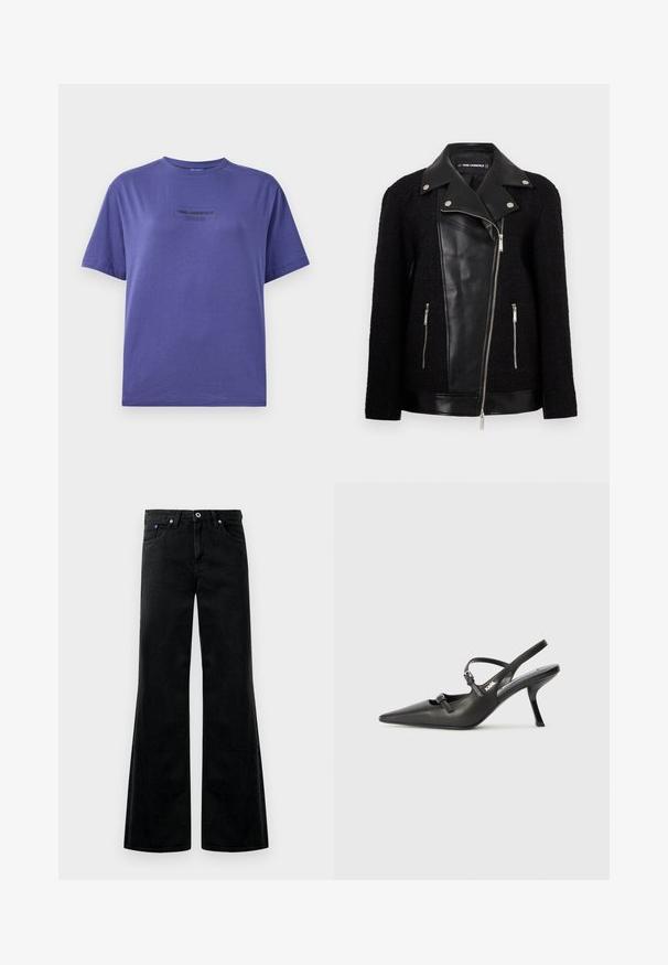 Crna jakna s prednjim panelom i ovratnikom od kože, rukavima od teksturiranog tkanja, džepovima na munje i metalnim detaljima.; Ljubičasti pamučni majica kratkih rukava, okruglog izreza, s crnim natpisom "KARL LAGERFELD JEANS" na prednjoj strani, s glatkom teksturom.; Crne traper hlače s odličnim nogavicama, visoki struk, dizajn s pet džepova i vidljive šavove. Glatka tekstura s laganim sjajem.; Crne kožne štikle sa otvorenom petom, s uskim vrhom i dekorativnom kopčom na gornjem dijelu. Glatka tekstura i elegantan dizajn.