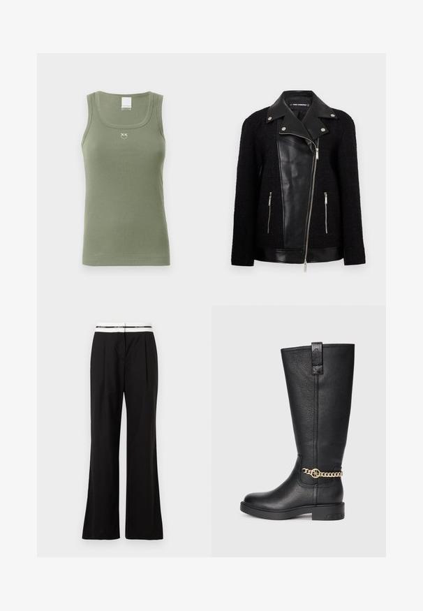 Musta takki, jossa on nahkainen etupaneeli ja kaulus, tekstuurilla kudotut hihat, vetoketjulliset taskut ja metalliset yksityiskohdat.; Oliivinvihreä ribattu hihaton paita, jossa on pyöreä pääntie, ohutolkaimet ja pieni logo keskellä rintaa. Pehmeä ja joustava kangas.; Mustat housut rentoa mallia, joissa on valkoinen joustokiristys vyötäröllä, brändäys näkyvissä. Valmistettu sileästä kankaasta, jossa on kevyt kiilto.; Mustat nahkaiset polven yli yltävät saappaat, joissa on teksturoitu pinta, koristeellinen kultaketju ja tasainen kumipohja.
