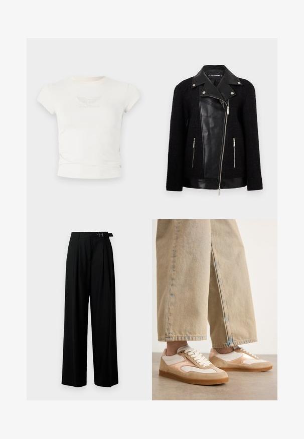 Black jacket with a leather front panel and collar, textured woven fabric sleeves, zippered pockets, and metallic accents.; White fitted t-shirt with short sleeves, featuring a textured "Guess Originals" logo with wings at the chest. Made of soft fabric.; Black wide-leg trousers with a high waist, pleats at the front, and a belt featuring a buckle. Made from smooth, lightweight fabric.; Tan and cream sneakers with a suede and mesh design, featuring a lace-up closure and rubber soles, paired with tan wide-leg jeans.