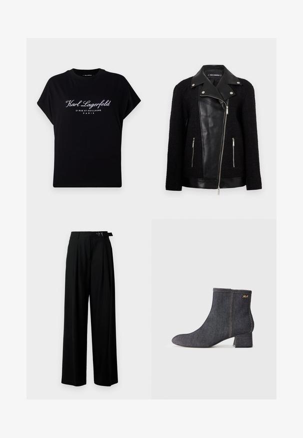 Black jacket with a leather front panel and collar, textured woven fabric sleeves, zippered pockets, and metallic accents.; Black oversized t-shirt made of cotton. Features short sleeves and a round neckline. Front displays white text: "Karl Lagerfeld 21 RUE ST-GUILLAUME PARIS."; Black wide-leg trousers with a high waist, pleats at the front, and a belt featuring a buckle. Made from smooth, lightweight fabric.; Dark denim ankle boot with a pointed toe, block heel, visible stitching, and a subtle brand logo on the side. Smooth texture.