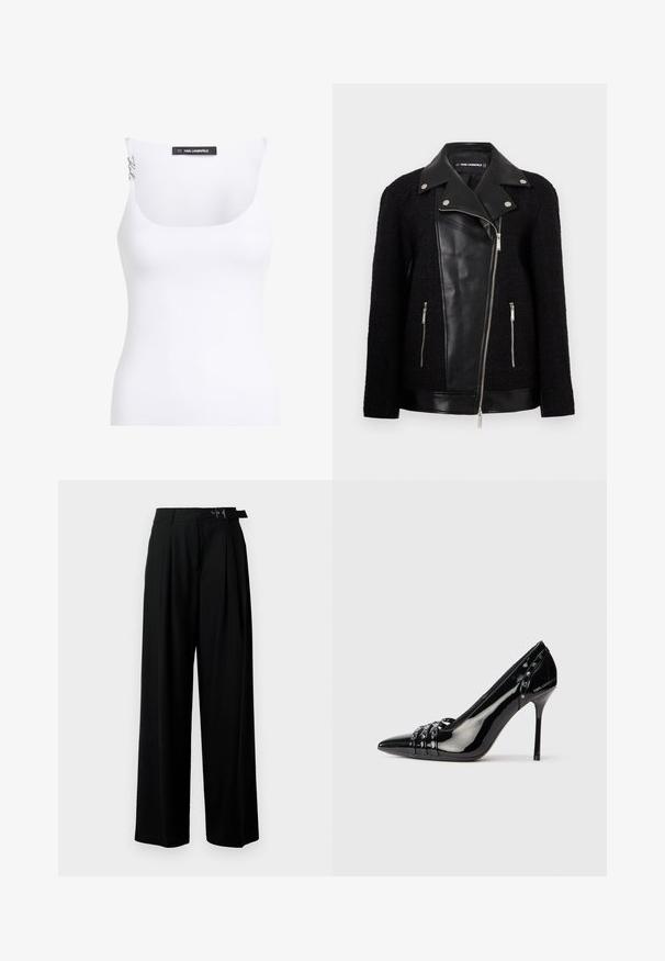 Melnā jaka ar ādas priekšējo paneļu un apkakli, teksturēta auduma piedurknēm, kabatām ar rāvējslēdzējiem un metāliskiem akcentiem.; Balts krekls bez piedurknēm ar apaļu kakla izgriezumu. Izgatavots no teksturētas auduma. Tam ir šauras plecu siksnas un zīmola etiķete aizmugurē.; Melni plaši bikses ar augsto jostasvītru, priekšā ar krokojiem un jostu ar sprādzi. Izgatavotas no gludas, vieglas auduma.; Melnās lakotās ādas stiletto papēža kurpes ar norādītu pirkstu, trim dekoratīvām siksniņām ar uzmeriem un "Karl Lagerfeld" zīmolu uz papēža.