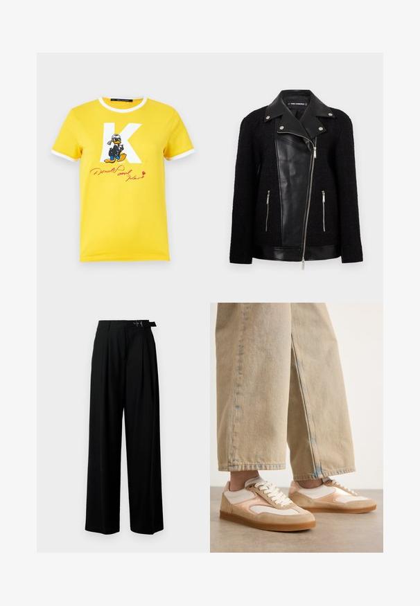 Casaco preto com um painel frontal e colarinho em couro, mangas de um tecido texturizado e trançado, bolsos com zíper e detalhes metálicos.; T-shirt de algodão amarelo com colarinho e mangas brancas. Apresenta um grande 'K' branco e uma ilustração do Pato Donald com o texto "Pato Donald" em vermelho.; Calças largas pretas de cintura alta, com pregas à frente e um cinto com fivela. Feitas de um tecido liso e leve.; Tênis em tons de bege e creme com um design em camurça e malha, apresentando um fecho com atacadores e solas de borracha, combinados com jeans amplos em tom de bege.