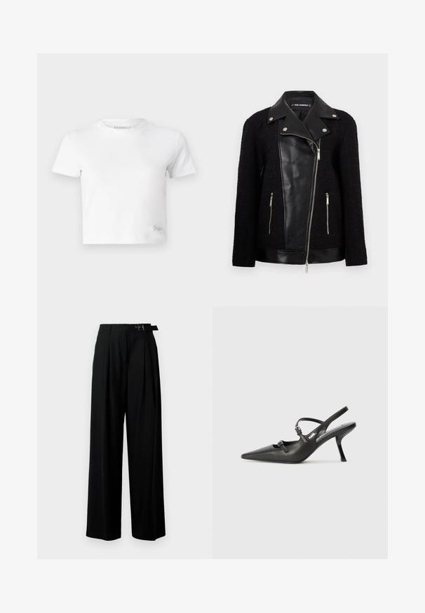 Black jacket with a leather front panel and collar, textured woven fabric sleeves, zippered pockets, and metallic accents.; White cropped t-shirt made of smooth cotton, featuring a high neckline and short sleeves. Small embroidered logo in the bottom corner.; Black wide-leg trousers with a high waist, pleats at the front, and a belt featuring a buckle. Made from smooth, lightweight fabric.; Black leather slingback heels with a pointed toe, slender heel, and decorative buckle detail on the vamp. Smooth texture and sleek design.