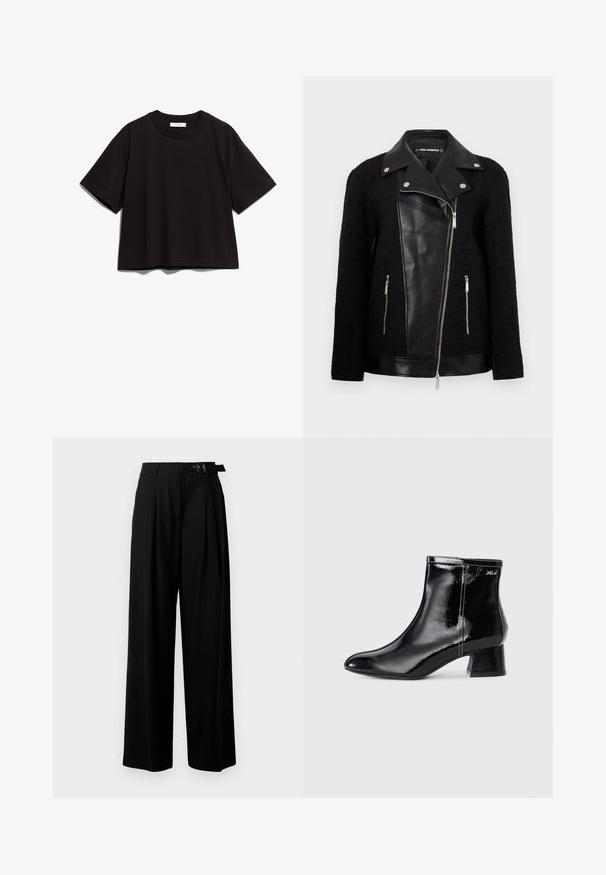 Juodas švarkas su odiniu priekinio skydelio ir apykaklės, tekstūruotomis megztomis rankovėmis, užtraukiamomis kišenėmis ir metaliniais akcentais.; Juodas medvilnės trumpomis rankovėmis marškinėliai su apvaliu kaklu. Turi atpalaiduotą siluetą ir paprastą, neišpuoštą dizainą.; Juodos plačios kojų kelnės su aukštu liemeniu, priekinėmis klostėmis ir diržu su sagtimi. Pagamintos iš lygaus, lengvo audinio.; KARL LAGERFELD BONNIE - Klasikiniai aulinukai - black