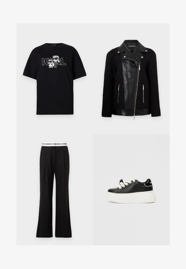 Casaco preto com um painel frontal e colarinho em couro, mangas de um tecido texturizado e trançado, bolsos com zíper e detalhes metálicos.; T-shirt de algodão preta com uma impressão gráfica de duas figuras de cartoon com óculos de sol, acompanhadas pelo texto "KARL" em letras grandes.; Calças pretas com um corte descontraído, apresentando uma cinta elástica branca com marca. Feitas de um tecido suave com um leve brilho.; Sapatilha de couro preto com uma sola grossa branca e canelada, apresentando atacadores brancos e um detalhe de laço decorativo na lingueta.