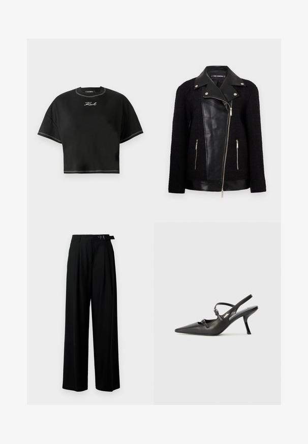 Black jacket with a leather front panel and collar, textured woven fabric sleeves, zippered pockets, and metallic accents.; Black cropped t-shirt made of soft fabric. Features a round neckline, oversized short sleeves, and white contrast stitching. Logo embroidered on front.; Black wide-leg trousers with a high waist, pleats at the front, and a belt featuring a buckle. Made from smooth, lightweight fabric.; Black leather slingback heels with a pointed toe, slender heel, and decorative buckle detail on the vamp. Smooth texture and sleek design.