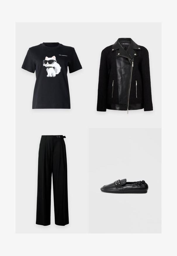 Crna jakna s prednjim panelom i ovratnikom od kože, rukavima od teksturiranog tkanja, džepovima na munje i metalnim detaljima.; Crna pamučna majica s grafikom bijele mačke koja nosi naočale. Dizajn uključuje suptilne detalje i tekst "KARL LAGERFELD."; Crne široke hlače s visokim strukom, nabranima sprijeda i remenom s kopčom. Izrađene od glatkog, laganog materijala.; Crne kožne cipele bez vezica sa zaobljenim vrhom, naboranim rubovima i ukrasnim remenom s nitnama na gornjem dijelu.
