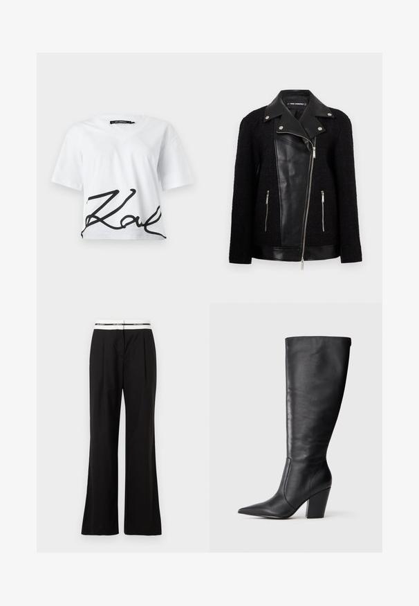 Črna jakna z usnjenim sprednjim panelom in ovratnikom, rokavi iz teksturirane tkane tkanine, žepki na zadrgo in kovinskimi detajli.; Bela skrajšana majica s kratkimi rokavi in V-izrezom. Ima velik črn kuriv pisavo logotip na spodnjem sprednjem delu. Narejena je iz bombaža.; Črne hlače sproščenega kroja z belim elastičnim pasom z blagovno znamko. Narejene iz gladkega materiala z rahlim sijajem.; Črne usnjene škornje do kolen s koničastim nosom in debelim visokim peto, prikazane v levem bočnem profilu na beli podlagi.