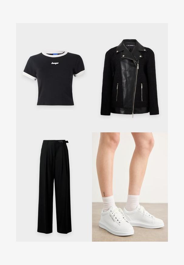 Fekete dzseki bőr elülső panellel és gallérral, texturált szövet ujjak, cipzáras zsebek és fémes részletek.; Fekete, rövid ujjú póló fehér gallérral és ujjak díszítésével. Az elülső részen fekete logó található. Simább anyagból készült.; Fekete, bő szárú nadrág magas derékkal, elöl pliszírozva, és csattal ellátott övvel. Simább, könnyű anyagból készült.; Fehér bőr sportcipők sima felülettel, kerek orral és lapos gumi talppal. A fűzők láthatóak, a zokni szárak fehérek.