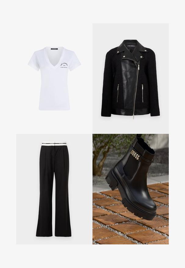 Musta takki, jossa on nahkainen etupaneeli ja kaulus, tekstuurilla kudotut hihat, vetoketjulliset taskut ja metalliset yksityiskohdat.; Valkoinen puuvillainen t-paita, jossa on V-kaula-aukko, lyhyet hihnat ja musta painatettu logo vasemmassa rintamuksessa ja alaselkässä.; Mustat housut rentoa mallia, joissa on valkoinen joustokiristys vyötäröllä, brändäys näkyvissä. Valmistettu sileästä kankaasta, jossa on kevyt kiilto.; Musta nahkasaapas nilkkapituisena, jossa on paksu kumipohja, joustavat sivupaneelit ja kultainen yksityiskohta "GUESS"-brändäyksellä.