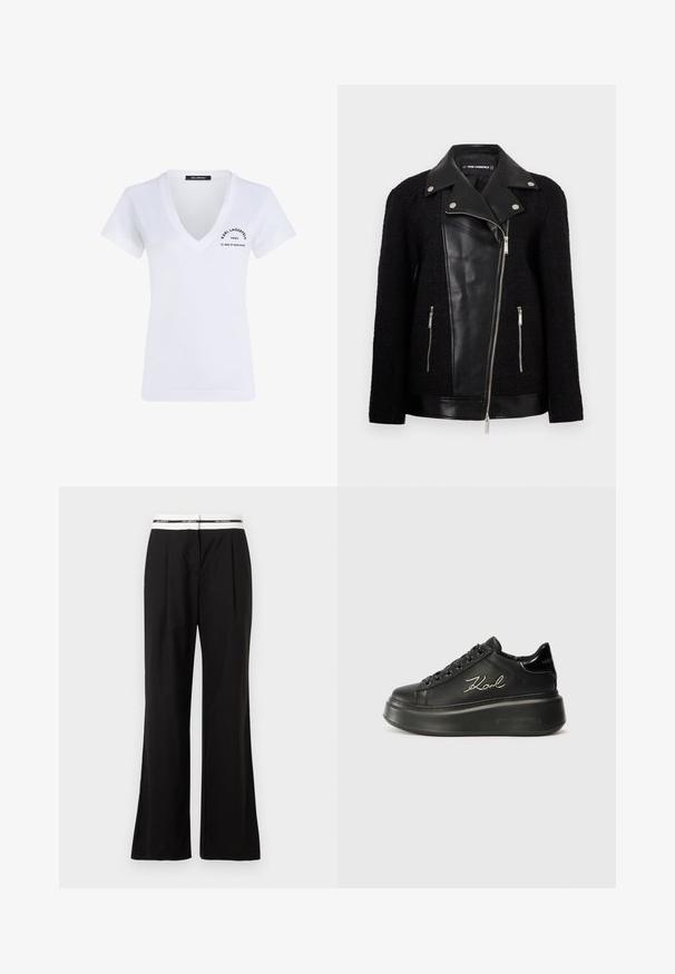 Chaqueta negra con panel frontal y cuello de cuero, mangas de tela tejida texturizada, bolsillos con cremallera y acentos metálicos.; Camiseta blanca de algodón con cuello en V, de manga corta y con detalles de logo impreso en negro en el lado izquierdo del pecho y la parte baja de la espalda.; Pantalones negros de corte relajado, con una cinturilla elástica blanca que lleva marca. Fabricados en un tejido suave con un ligero brillo.; Zapatillas de plataforma negras con parte superior de cuero suave, cordones planos y logo bordado "Karl" en el lateral. Punta redondeada y suela gruesa.