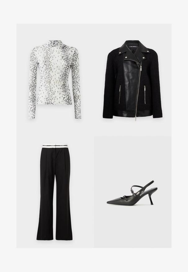 Czarna kurtka z przednim paneliem i kołnierzem ze skóry, rękawami z teksturowanej tkaniny, kieszeniami na zamek błyskawiczny oraz metalowymi akcentami.; Długosleeve top z wysokim kołnierzem, uszyty z białego materiału ozdobionego szarym i czarnym wzorem w kropki.; Czarne spodnie o luźnym kroju, z białym elastycznym paskiem w talii z brandingiem. Wykonane z gładkiego materiału o delikatnym połysku.; Czarne skórzane sandały na obcasie typu slingback z wydłużonym noskiem, smukłym obcasem i ozdobnym zapięciem na cholewce. Gładka tekstura i elegancka forma.