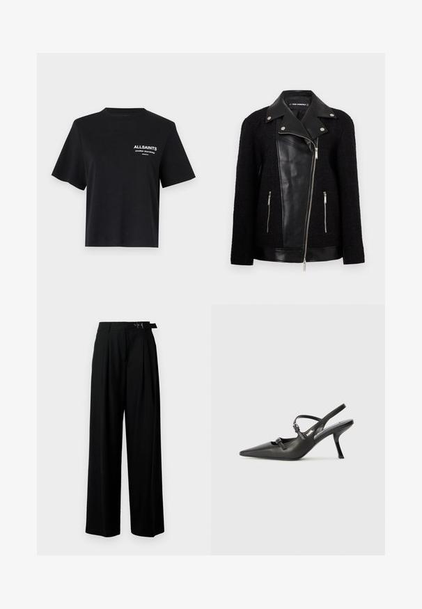 Juodas švarkas su odiniu priekinio skydelio ir apykaklės, tekstūruotomis megztomis rankovėmis, užtraukiamomis kišenėmis ir metaliniais akcentais.; Juoda medvilninė marškinė su apvalia iškirpte ir trumpomis rankovėmis. Kairiajame krūtinės srityje yra balti spausdinti tekstai. Paprastas, laisvas pritaikymas.; Juodos plačios kojų kelnės su aukštu liemeniu, priekinėmis klostėmis ir diržu su sagtimi. Pagamintos iš lygaus, lengvo audinio.; Juodi odiniai slingback kulniukai su smailiu pirštu, siauru kulnu ir dekoratyvine sagtimi viršuje. Lygus paviršius ir elegantiškas dizainas.