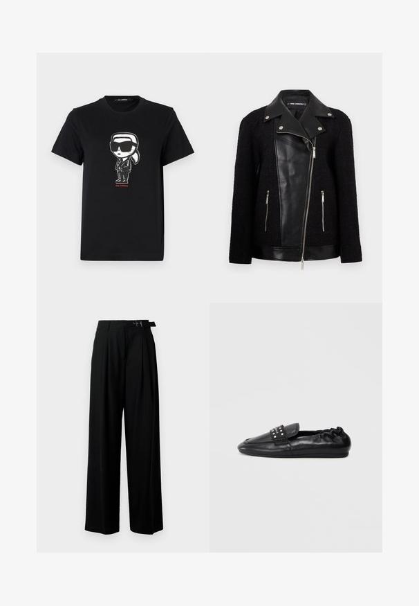 Black jacket with a leather front panel and collar, textured woven fabric sleeves, zippered pockets, and metallic accents.; Black cotton t-shirt featuring a graphic of a figure in sunglasses and suit. Simple crew neck design with short sleeves. Red text below.; Black wide-leg trousers with a high waist, pleats at the front, and a belt featuring a buckle. Made from smooth, lightweight fabric.; Black leather slip-on shoes with a rounded toe, gathered edges, and a decorative strap featuring studs on the upper.