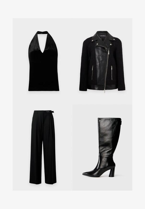 Casaco preto com um painel frontal e colarinho em couro, mangas de um tecido texturizado e trançado, bolsos com zíper e detalhes metálicos.; Top halter em veludo preto com decote em V profundo e alças largas, sem mangas e com uma textura suave e macia.; Calças largas pretas de cintura alta, com pregas à frente e um cinto com fivela. Feitas de um tecido liso e leve.; Bota de couro preta até o joelho com bico fino, textura lisa e salto robusto. Possui um fecho de zíper na parte traseira.