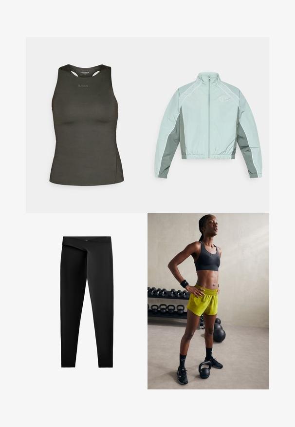 Lichtgroene windbreaker jas met ritssluiting, witte biezen, elastische tailleband en een klein logo op de borst. Gladde, glanzende textuur.; Donkergroene sporttanktop van gladde stof. Heeft een ronde hals en uitsnijdingen op de schouders. "BORG" logo aan de voorkant.; Zwarte leggings van gladde, rekbare stof. Voorzien van een hoge tailleband en een aansluitende pasvorm met een rechte snit tot de enkels.; Zwarte sportbeha, felgele shorts met een elastische tailleband, zwarte sportschoenen en polsbanden, staande naast kettlebells.