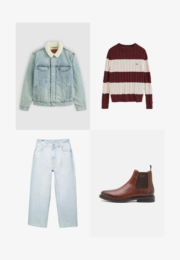 Hellblaues Denim-Jackett mit einem flauschigen, weißen Kragen. Verfügt über Brusttaschen, Druckknöpfe und einen relaxed Fit mit sichtbaren Nähdetails.; Bordeaux- und cremefarbener gestreifter Pullover mit Kabelstrick-Textur. Verfügt über einen Rundhalsausschnitt und gerippte Bündchen. Kleines "Polo Club"-Logo auf der Vorderseite.; Hellblaue Jeans aus Denim mit lockerem Schnitt, fünf Taschen, Reißverschluss und sichtbaren Nähten. Der Stoff hat eine weiche Textur.; Braune Leder-Chelsea-Stiefel mit elastischen Seitenpaneelen, runder Zehenpartie und niedrigem, gestapeltem Absatz. Strukturiertes braunes Element an den Seiten.