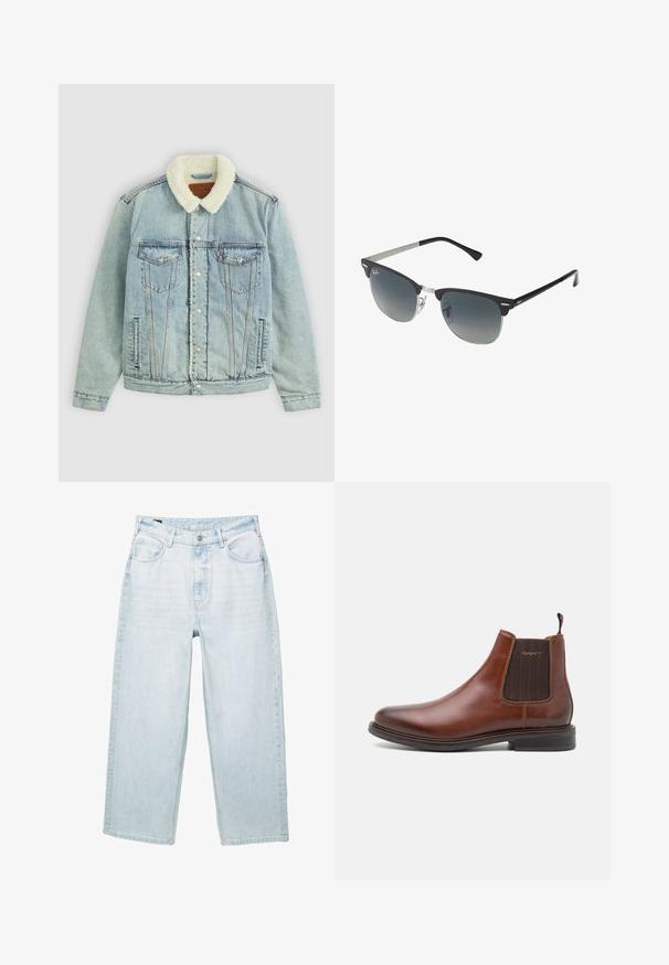 Hellblaues Denim-Jackett mit einem flauschigen, weißen Kragen. Verfügt über Brusttaschen, Druckknöpfe und einen relaxed Fit mit sichtbaren Nähdetails.; Bordeaux- und cremefarbener gestreifter Pullover mit Kabelstrick-Textur. Verfügt über einen Rundhalsausschnitt und gerippte Bündchen. Kleines "Polo Club"-Logo auf der Vorderseite.; Hellblaue Jeans aus Denim mit lockerem Schnitt, fünf Taschen, Reißverschluss und sichtbaren Nähten. Der Stoff hat eine weiche Textur.; Braune Leder-Chelsea-Stiefel mit elastischen Seitenpaneelen, runder Zehenpartie und niedrigem, gestapeltem Absatz. Strukturiertes braunes Element an den Seiten.; Schwarze und silberne Sonnenbrille mit Katzenaugenform, verlaufenden Gläsern und metallischen Akzenten im Rahmen. Plastische Bügel mit grauen Spitzen.