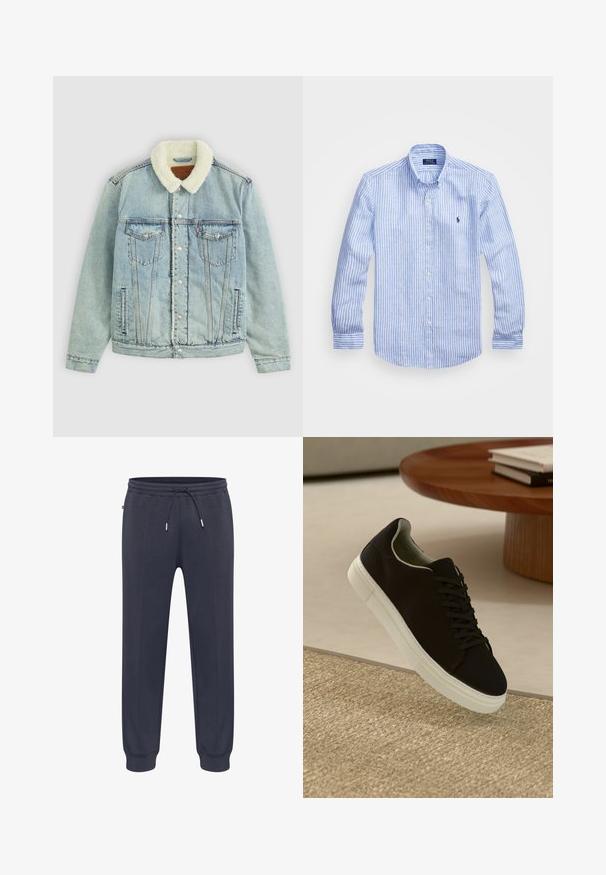 Svetlo modra denim jakna z puhastim belim ovratnikom. Ima žep na prsih, pritisne gumbe in sproščen kroj z vidnimi šivi.; Modra in bela prugasta srajca z dolgimi rokavi iz bombaža, s kragnico na gumb, sprednjimi gumbi in majhnim izvezenim logotipom na prsih.; Temno mornarsko modre trenirke hlače z elastičnim pasom, nastavljivim vrvicama, stranskimi žepi in oprijetimi manšetami. Iz mehke in lahke tkanine.; Črni športni copat z belim podplatom lebdi nad bež teksturiranim preprogam blizu okroglega lesenega mize z zloženimi knjigami.