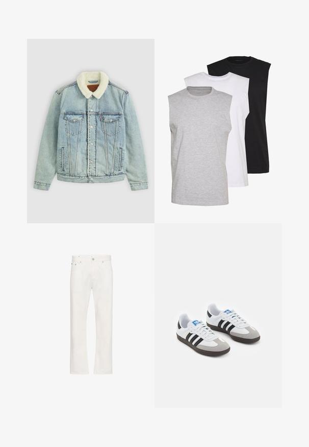 Heled sinine teksajakk, millel on karvane valge krae. Omab rinnataskuid, erinevaid nupuvajutusi ja lõdva istuvust koos nähtavate õmblusdetailidega.; Kolm ilma varrukat särk hallis, valges ja mustas värvios. Pehme puuvillane materjal, ümar kaelus ja mugav lõige. Lihtne disain, ilma mustriteta.; Valged teksapüksid sirge lõikega, viie tasku disainiga ja nähtava õmblusega. Omab nupu sulgemist ja vöökonte.; Spordijalatsid valge nahkpealsega, halli nubuk-naha otsaga ja kolme musta triibuga. Omab sinist logo keele peal ja struktureeritud kummitalda.