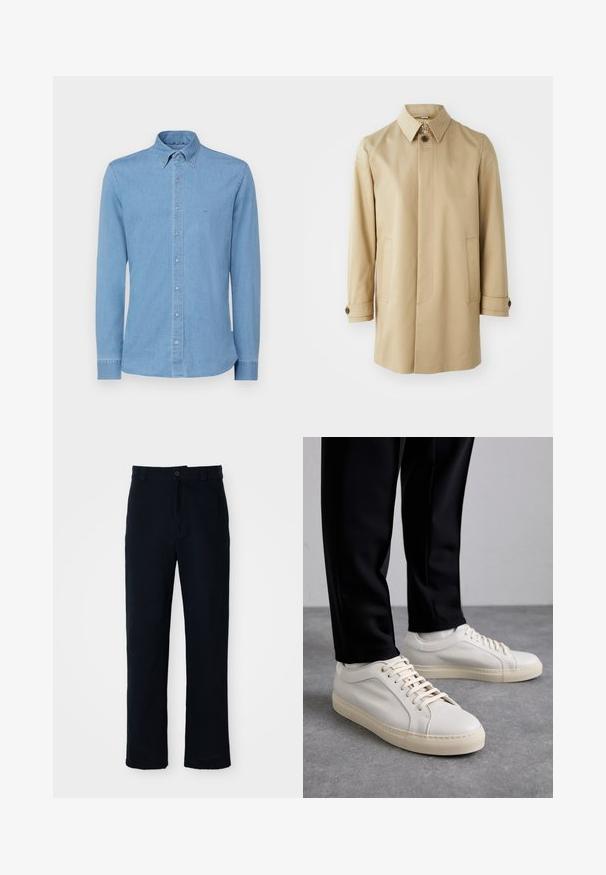 Tiger of Sweden CANE - Halflange jas - sawdust; Lichtblauw denim overhemd met lange mouwen, button-down kraag en knoopsluiting aan de voorkant. Bevat een subtiele geborduurde logo op de borst.; Marineblauwe broeken van katoen, met een recht model, een sluiting met een knoop aan de voorkant en een klassieke tailleband met riemlussen.; Lichtbeige leren sneakers met platte veters, een gestructureerd oppervlak en een contrasterende crème-kleurige rubberen zool, gecombineerd met zwarte taps toelopende broek.