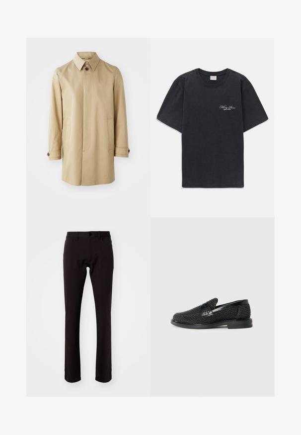 Tiger of Sweden CANE - Manteau court - sawdust; T-shirt noir à manches courtes et col rond avec un petit logo « Filling Pieces » en blanc sur la poitrine gauche.; Theory RAFFI NEOTERIC - Pantalon classique - hickory; Chaussure slip-on tissée noire avec un accent en cuir lisse sur le dessus, un design à bout rond et une semelle en caoutchouc à profil bas.