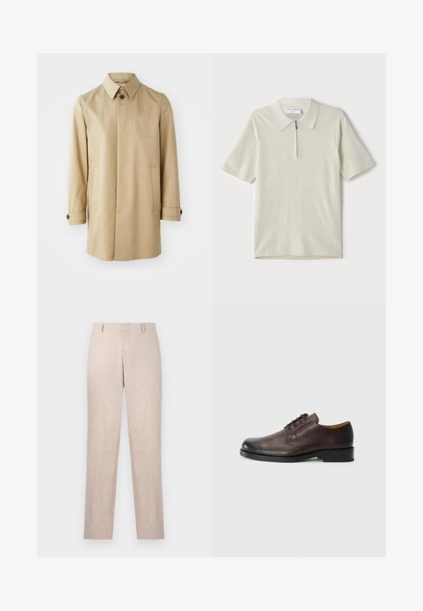 Tiger of Sweden CANE - Halflange jas - sawdust; Korte mouwen polo in lichtbeige met een ritskraag. Gemaakt van gladde stof, voorzien van een eenvoudig, modern ontwerp zonder patronen.; Lichtbeige op maat gemaakte broek van textiel met structuur. Rechte pijpen met twee voorzakken en een vlakke voorkant. Geen zichtbare hardware.; Bruine leren schoen met een ronde neus, lage hak, vetersluiting en een gladde textuur. Heeft minimale stiksels en een gepolijste afwerking.