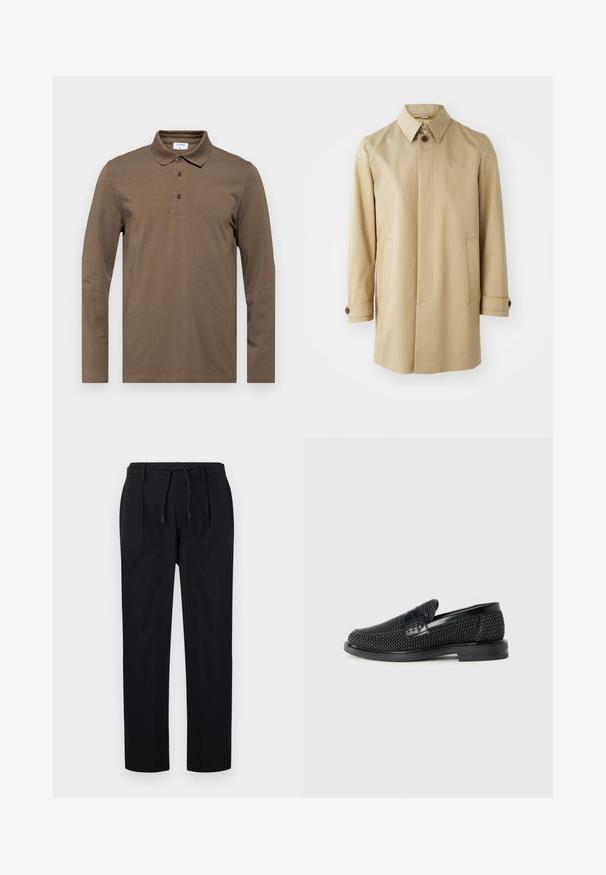 Tiger of Sweden CANE - Kurzmantel - sawdust; Braunes Langarm-Polo-Shirt aus weichem Stoff, mit klassischem Kragen, Drei-Knopf-Leiste und dezenten Stickdetails.; Schwarze Hose aus glattem Stoff, mit einem Kordelzugbund, geraden Beinen und einer Vorderfalte für einen strukturierten Look.; Schwarzer geflochtener Slipper mit einem glatten Lederakzent im Obermaterial, einem runden Zehendesign und einer flachen Gummisohle.