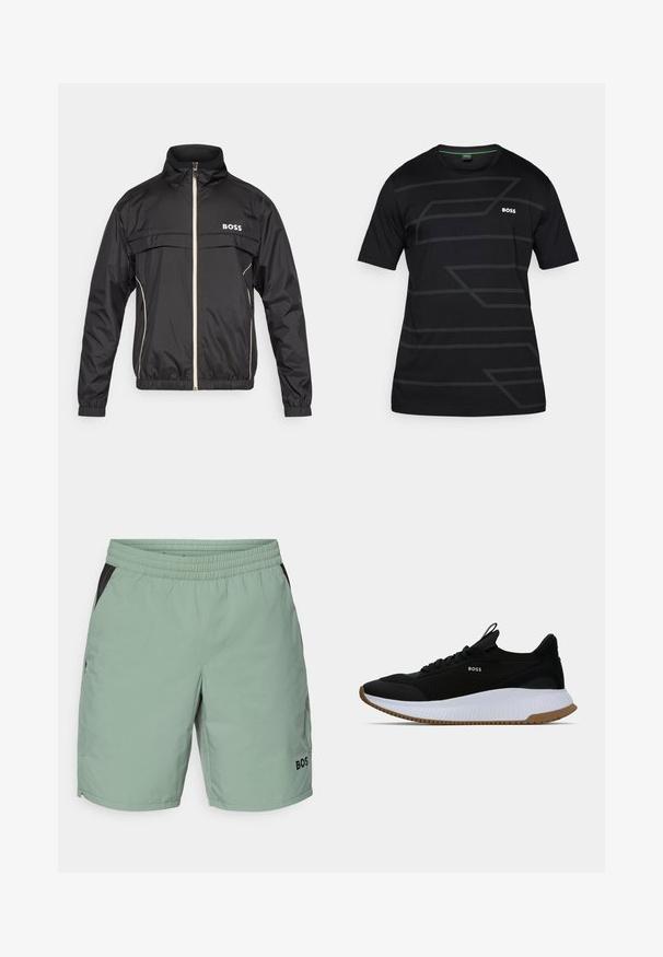 Črna vetrovka z visokim ovratnikom, zadrgo spredaj, logotipom BOSS na prsih in kontrastnimi bež poudarki ob zadrgi in žepih.; Črn kratkoslečen majica iz gladkega blaga, ki ima subtilen geometrijski vzorec in beli logo "BOSS" na prsih.; Svetlozeleni kratki hlače z elastičnim pasom, črnimi stranskimi poudarki, ravnimi sprednjimi žepi in detajlom logotipa na spodnjem levem delu noge.; Črne športne superge z teksturiranim zgornjim delom, belim podplatom in gumenim dnom. Imajo logo ob strani in zanko na peti za lažje obuvanje.