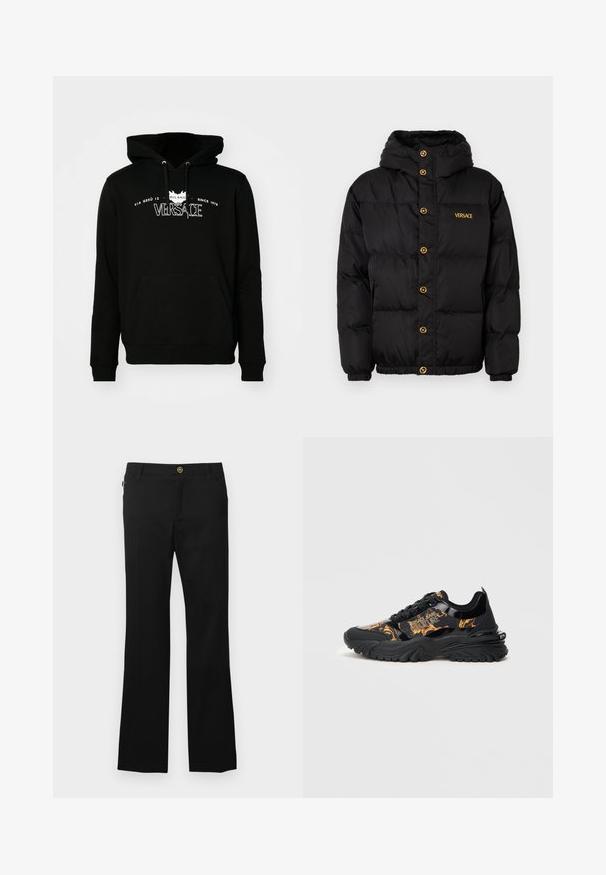 Schwarze Daunenjacke mit Kapuze, ausgestattet mit goldenen Knöpfen und dem 'VERSACE'-Logo in Gold. Strukturierter, isolierter Stoff und elastische Bündchen.; Schwarzer Baumwoll-Hoodie mit einer Vordertasche, verstellbaren Kordeln und weißem bedrucktem Logo-Text mit Standort- und Jahresangaben.; Schwarze Hose aus Baumwollmischgewebe, mit geradem Bein, vorderen Taschen und einem goldfarbenen Knopf am Bund.; Schwarze Sneaker mit einem schlanken Design, featuring glänzenden Akzenten und lebendigen orangenen Mustern. Dicke Gummisohle mit strukturiertem Profil.
