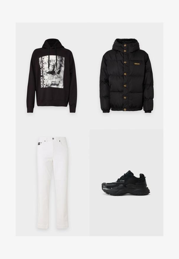 Μαύρο μπουφάν με κουκούλα, με χρυσά κουμπιά και το λογότυπο 'VERSACE' σε χρυσό. Υφασμάτινη, μονωμένη υφή και ελαστικές μανσέτες.; Μαύρη φούτερ μπλούζα με γραφικό μπροστά με λευκά και γκρι στοιχεία, κορδόνια, ραγκλάν μανίκια και ριμπ ύφανση στους καρπούς.; Λευκά τζιν παντελόνια με ίσια γραμμή, σχέδιο πέντε τσεπών, κουμπί κλεισίματος και μικρή ετικέτα μάρκας στη μέση. Λείος υφασμάτινος τόνος.; Μαύρα αθλητικά παπούτσια με mesh και σουέτ υλικά, υφή στο πάτο, στρογγυλή μύτη και λεπτομέρεια του λογότυπου Versace στο πλάι.