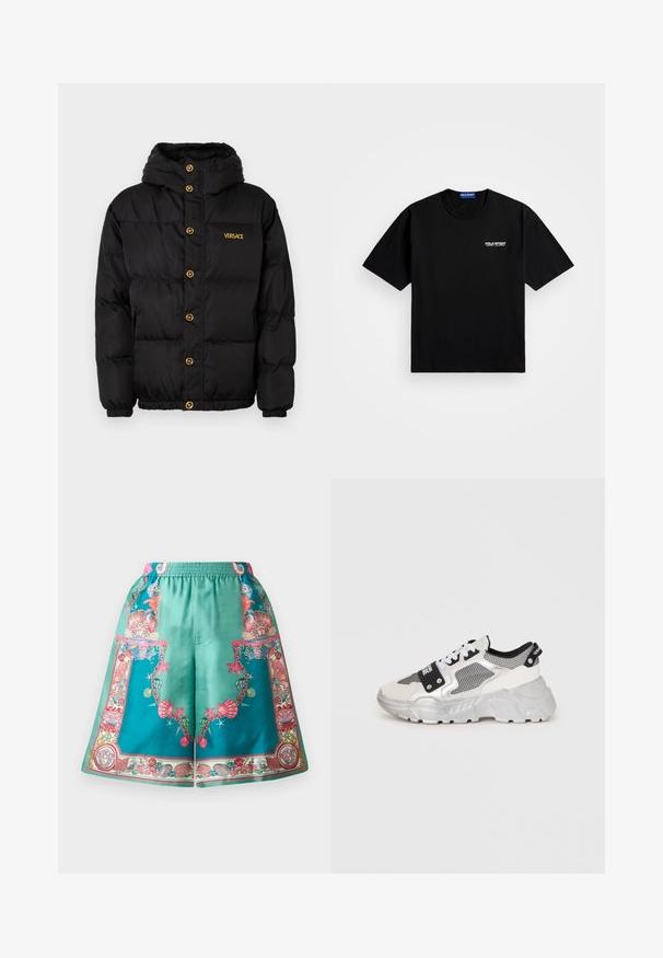 Čierna puferová bunda s kapucňou, so zlatými gombíkmi a zlatým logom "VERSACE". Textúrovaný, izolačný materiál a elastické manžety.; Čierne bavlnené tričko s okrúhlym výstrihom a krátkymi rukávmi. Na ľavej hrudi sa nachádza biele logo "POLO SPORT". Štandardný strih.; Hedvábne šortky v tyrkysovej farbe s komplexnými mnohobarevnými vzormi mušlí a morských motívov, so elastickým pásom a voľným strihom.; Bohaté tenisky s bielym a strieborným dizajnom. Obsahujú sieťované panely, čierne akcenty a biele šnúrky. Textúrovaná podrážka s vyvýšeným vzorom.