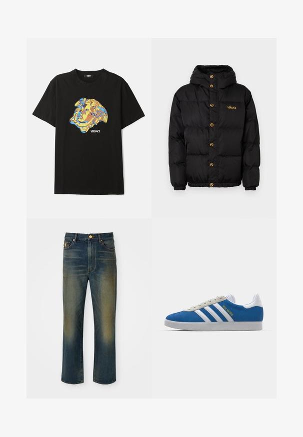 Juodas pūkinis švarkas su kapišonu, su auksiniais mygtukais ir auksine "VERSACE" logotipu. Tekstūruota, šilta medžiaga ir elastingi rankogaliai.; Juodas medvilninis marškinėliai su spalvinga mėlyno ir geltono atspalvio veido grafika, su tekstu "VERSACE" po ja. Standartinis apvalus iškirpimas ir trumpomis rankovėmis.; Mėlyni džinsai su tiesiu, plačiu kelnių siluetu. Yra išblukusių vietų ir su mygtukų uždarymu. Įeina priekiniai kišenės ir logotipo detalė.; adidas Originals ADIDAS GAZELLE SHOES - Salės futbolo bateliai - real madrid/bluebird/footwear white/crew yellow