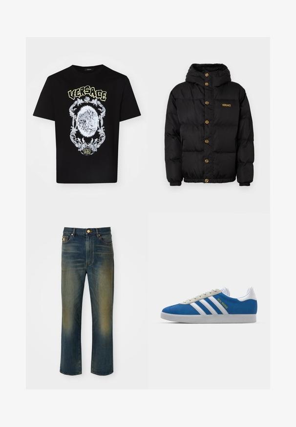 Mustmustakk musta kapuutsiga, millel on kuldsed nupud ja kuldne "VERSACE" logo. Textuuriga, isoleeritud materjal ja elastsed mansetid.; Must musta T-särk, millel on detailne valge graafiline disain keskel oleva medaliiniga, mille ülal on tekst "VERSACE" ja all "1978".; Sinised denim teksad sirge, laia sääre disainiga. Omab pleekinud alasid ja nupuvajutusega sulgemist. Koos esikottide ja logo detailiga.; adidas Originals ADIDAS GAZELLE SHOES - Saalijalgpalli saapad - real madrid/bluebird/footwear white/crew yellow