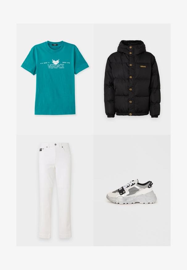 Crna puffa jakna s kapuljačom, s zlatnim gumbima i 'VERSACE' logom u zlatnoj boji. Teksturirani, izolirani materijal i elastične manžete.; Tirkizna pamučna majica s okruglim izrezom, kratkim rukavima i bijelim ispisanim tekstom koji uključuje "VERSACE" i dekorativni motiv plamena.; Bijele traperice ravnog kroja, s pet džepova, zatvaranjem na gumbe i malom oznakom branda na pojasu. Glatka tekstura.; Robusne tenisice s bijelim i srebrnim dizajnom. Imaju mrežaste panele, crne detalje i bijele vezice. Teksturirana potplata s uzvišenim uzorkom.