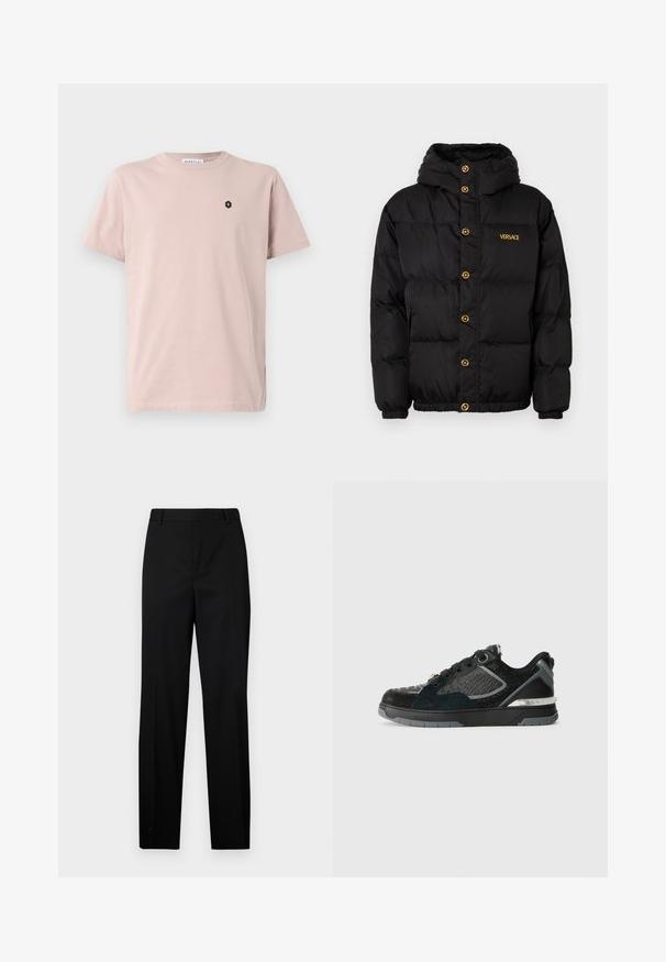 Jachetă puffer neagră cu glugă, dotată cu nasturi aurii și logo-ul 'VERSACE' în aur. Material texturat, izolat și manșete elastice.; Tricou roz deschis cu mânecă scurtă, realizat dintr-un material moale. Prezentă un mic logo hexagonal negru pe pieptul stâng. Design cu croială dreaptă.; Pantaloni negri, croiți pe măsură, cu picior drept, față plată și linie de cute subtilă. Realizați dintr-un material neted, cu bucle pentru curea și buzunare laterale.; Pantofii sport negri, realizati din materiale mixte, inclusiv plasa si nubuck, cu un model texturat si accente metalice pe calcai si pe laterale.