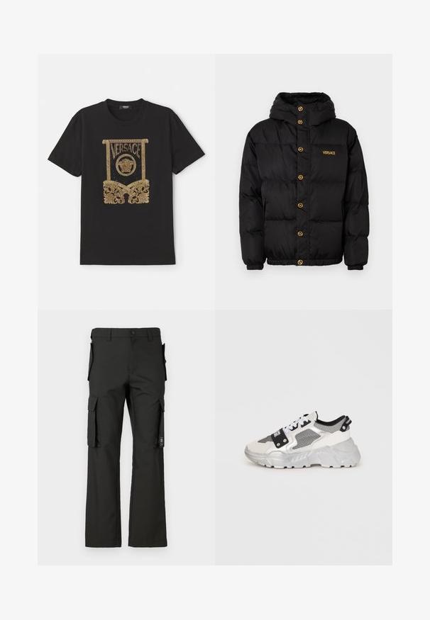 Schwarze Daunenjacke mit Kapuze, ausgestattet mit goldenen Knöpfen und dem 'VERSACE'-Logo in Gold. Strukturierter, isolierter Stoff und elastische Bündchen.; Schwarzes Baumwoll-T-Shirt mit einem goldenen Pailletten-Graphic, das das "Versace"-Logo sowie aufwendige Designs an der Unterseite und an den Seiten zeigt.; Schwarze Cargo-Hose mit geradem Bein, ausgestattet mit mehreren Seitentaschen und einem Knopfverschluss. Hergestellt aus strapazierfähigem Gewebe mit glatter Textur.; Chunky Sneaker mit einem weißen und silbernen Design. Verfügt über Mesh-Einsätze, schwarze Akzente und weiße Schnürsenkel. Strukturierte Sohle mit einem erhabenen Muster.