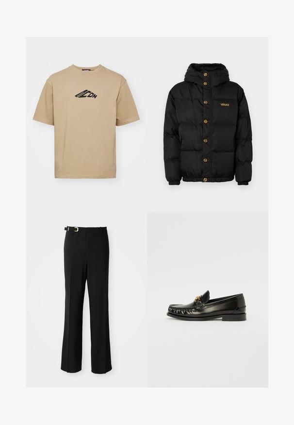 Zwarte pufferjack met capuchon, voorzien van gouden knopen en het 'VERSACE' logo in goud. Gelaagd, geïsoleerd materiaal en elastische manchetten.; Beige T-shirt van katoen, met een ronde halslijn en korte mouwen. Zwart grafisch ontwerp op de borst met merklettertype.; Zwarte broek met een getailleerde pasvorm, met een vlakke voorkant, riemlussen, een slanke silhouet en een gouden gespaccent op de riem.; Zwarte leren instappers met een ronde neus, voorzien van een gouden decoratieve accent op de bovenkant en subtiele stiksels langs de randen. Platte zool.