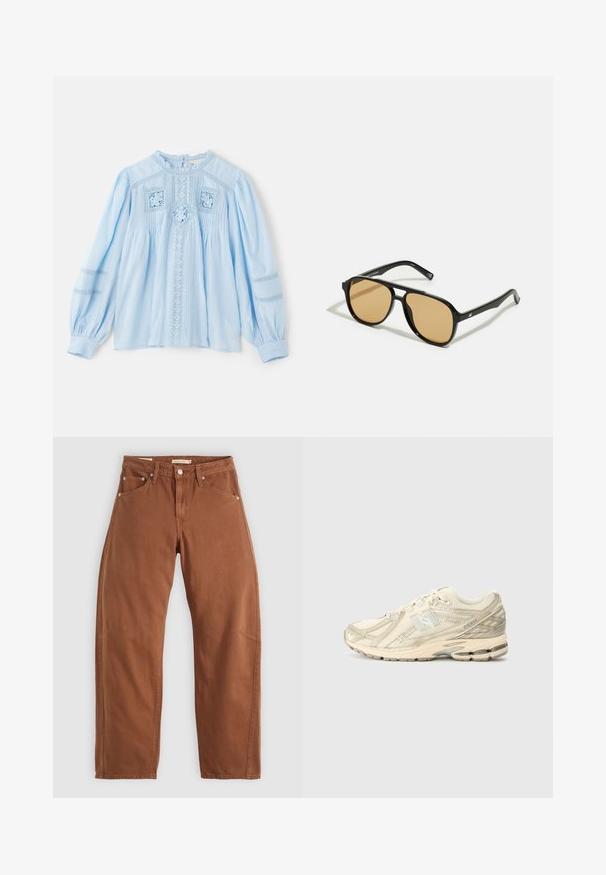 Chaqueta atlética negra hecha de una tela suave y ligera. Presenta un cuello alto, cierre con cremallera y tres rayas blancas en cada manga.; Blusa azul claro con mangas largas y abullonadas. Presenta bordados intrincados, detalles de encaje, pliegues y un escote redondo.; Jeans rectos color marrón óxido con bolsillos frontales y traseros, remaches de metal, cierre de botón y trabillas para el cinturón, colocados sobre un fondo blanco.; Zapatilla deportiva beige con parte superior de malla, acentos mínimos, suela texturizada y un sutil logo 'N' en el lateral. Diseño ligero para mayor comodidad.; Gafas de sol negras con lentes de color marrón; forma rectangular con un marco grueso, incluyendo sutiles acentos de hardware en las patillas.; Bolso de mano de cuero oscuro con dos bolsillos frontales, una hebilla central y herrajes en tono dorado. Textura suave con una silueta curva.